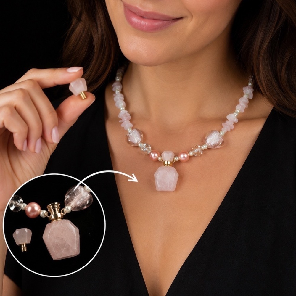 Rose Quartz Perfume Bottle Pendant Necklace Pink Crystal Essential Oil Diffuser
